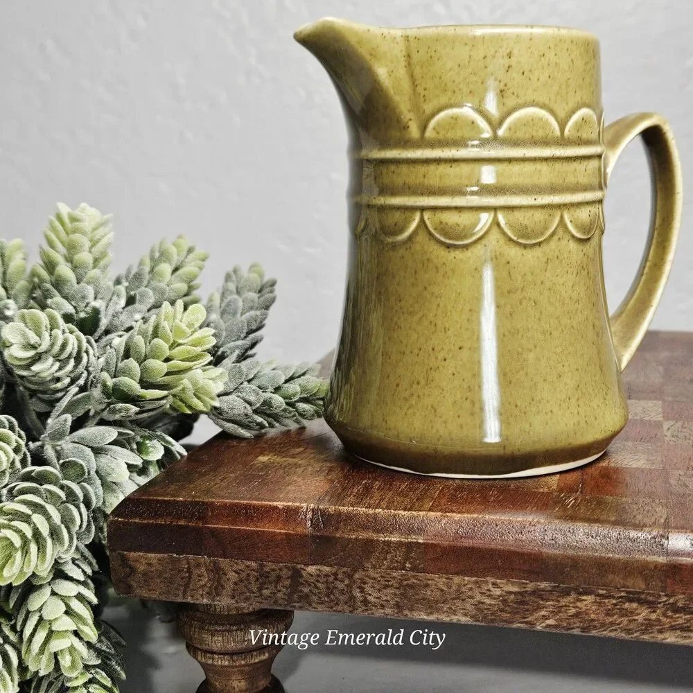 Vtg Homer Laughlin Sheffield 70s Olive Granada Green Ceramic Creamer Pitcher 7in